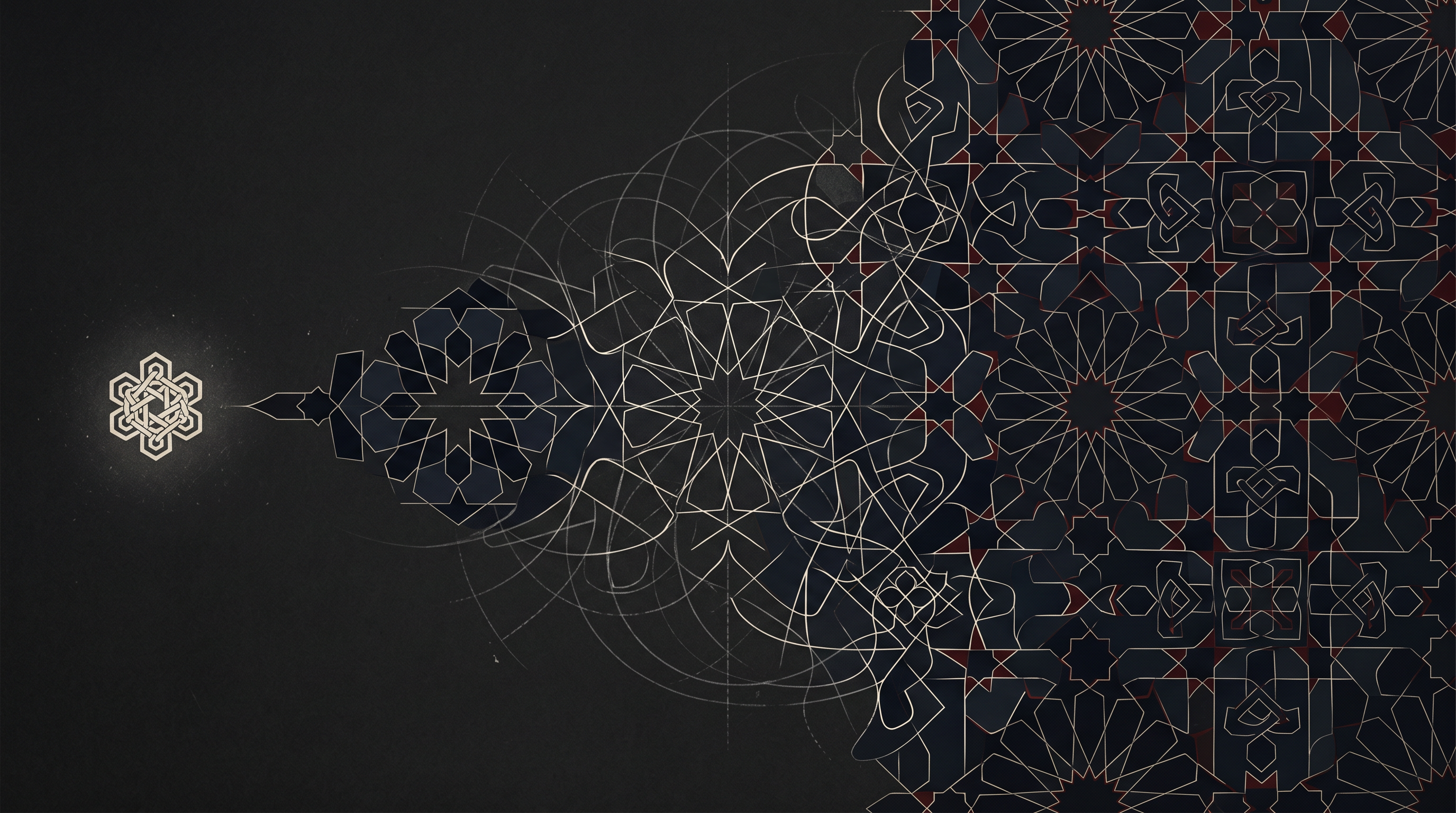 A geometric construction seed blooms into a dark zellige wall like a living algorithm