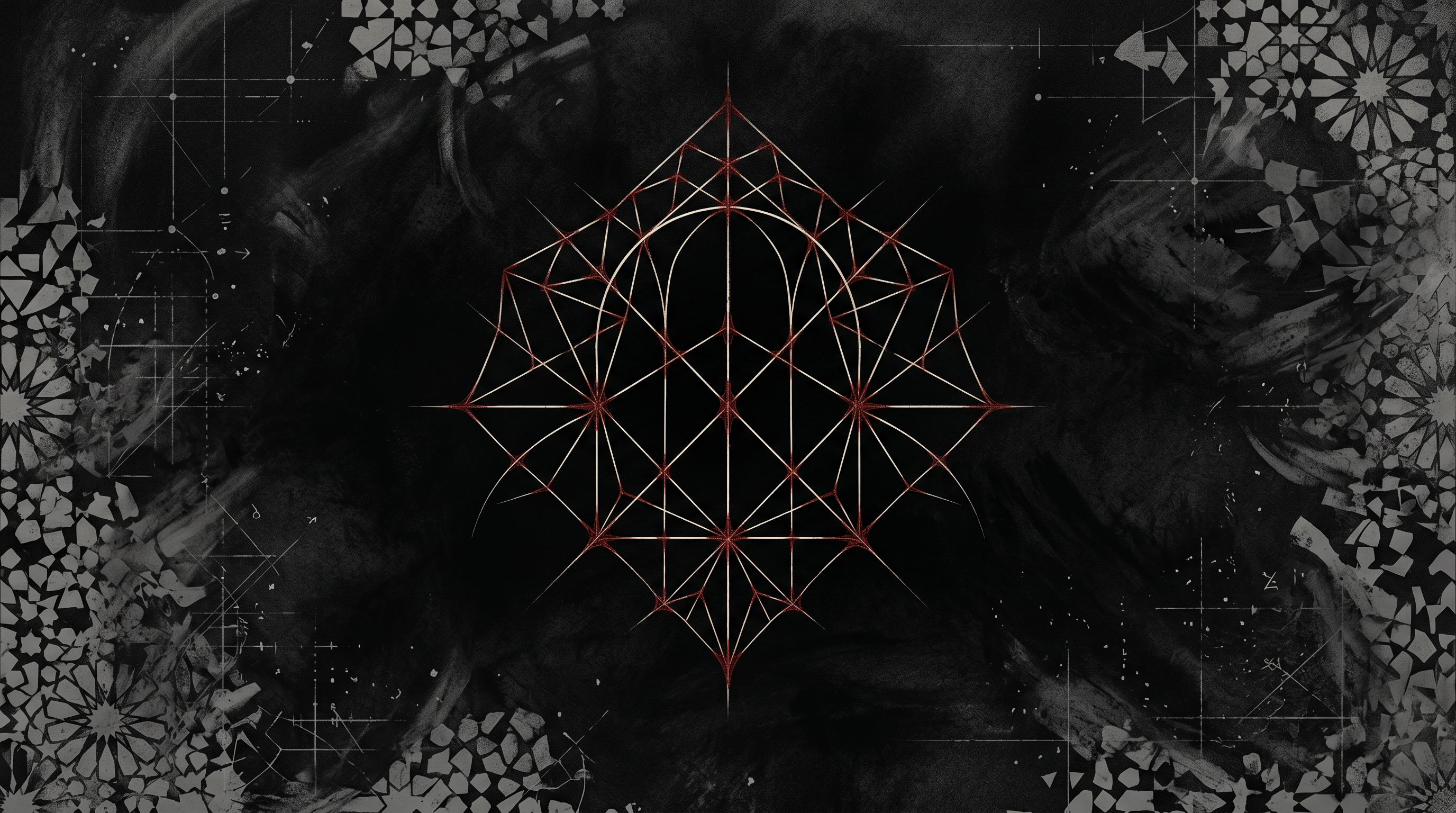 A shattered zellige lattice caught mid-rotation inside a dark circular Art Deco aperture, blood-red arc holding inner-product chords