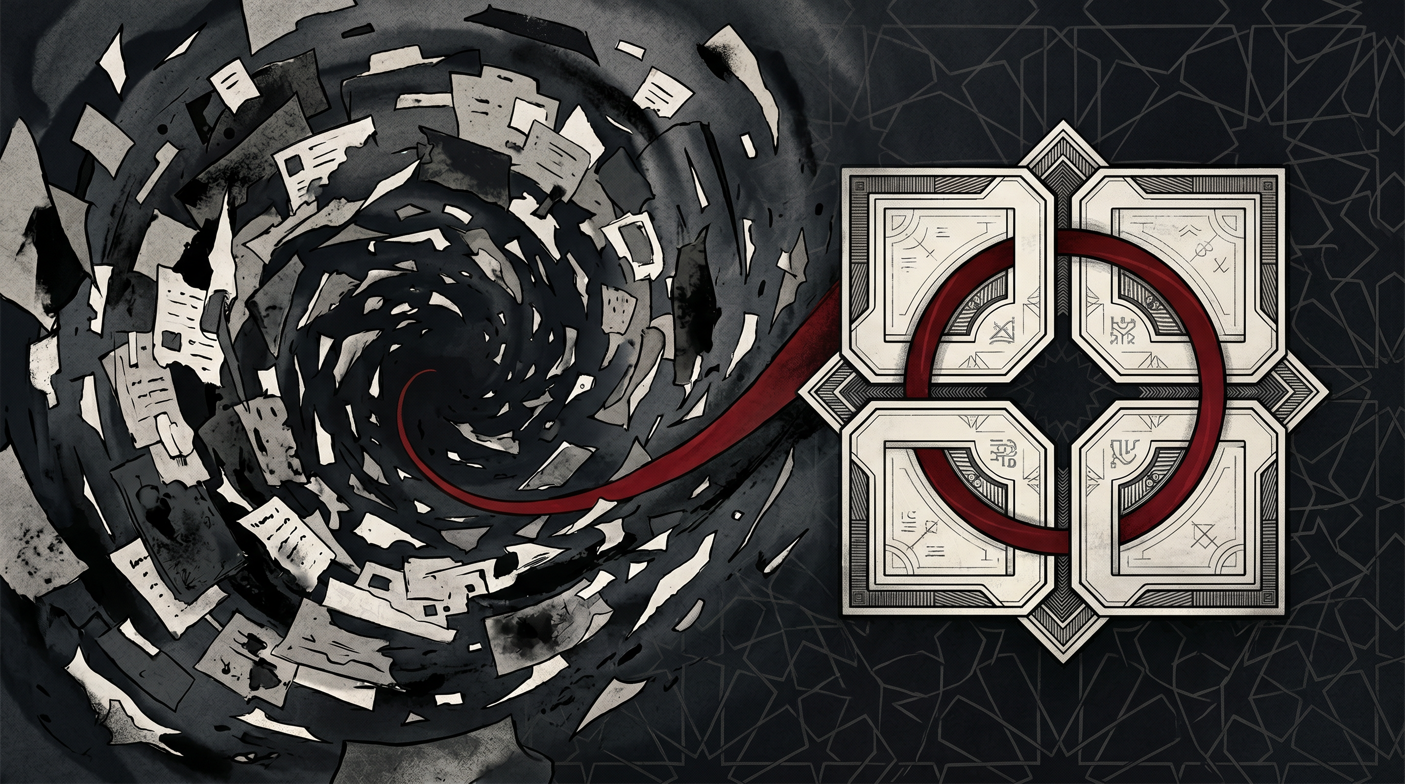 A storm of abstract paper shards dissolves into darkness while a compact four-part Art Deco frame emerges, connected by a single red path of action
