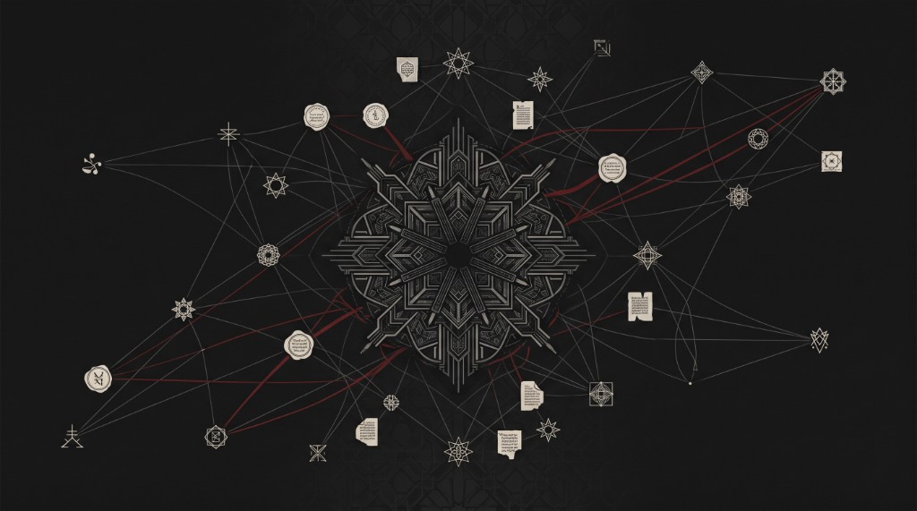 A dark scholarly constellation of bone-white research nodes orbiting a central compression rosette, connected by ash-grey lines and blood-red citation paths