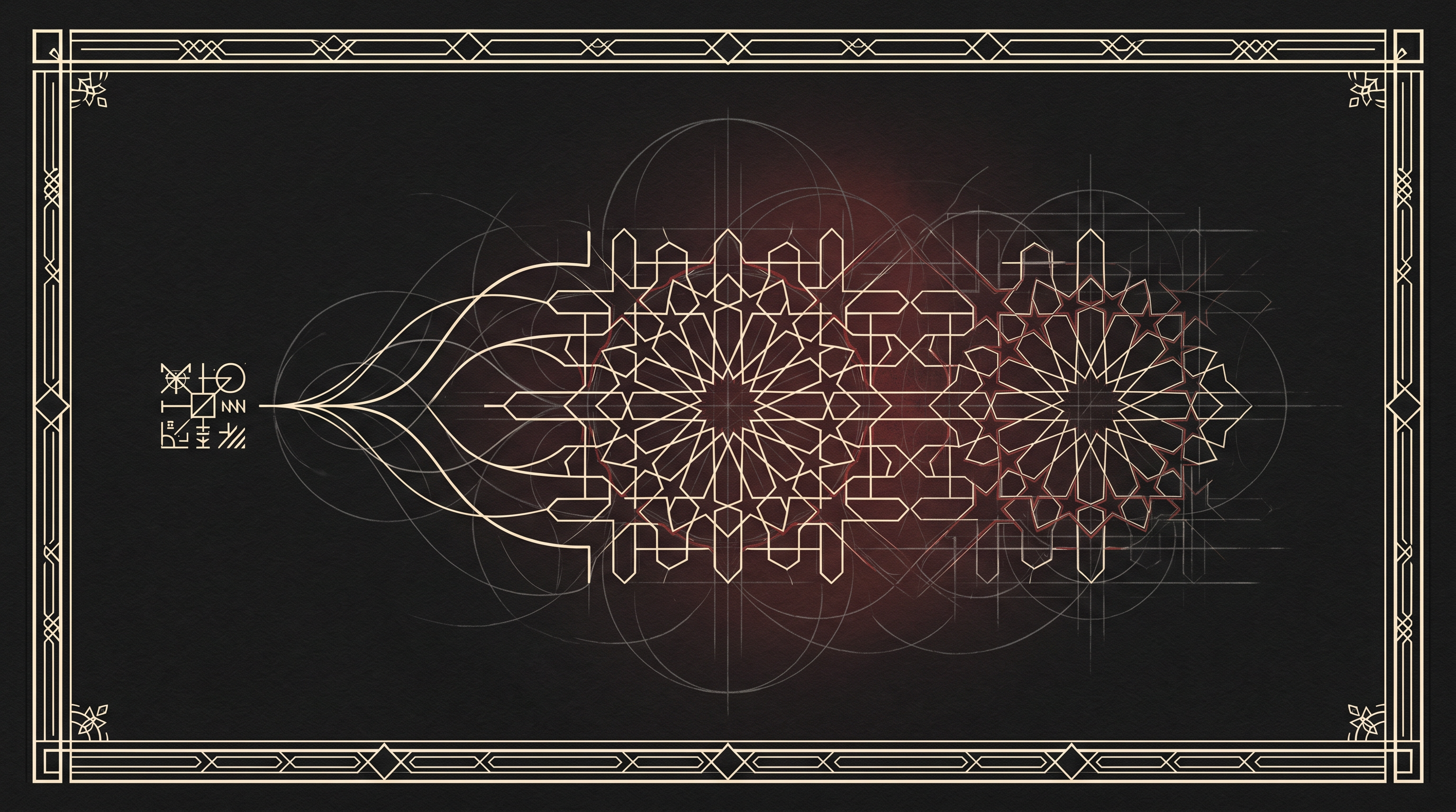 A compact bone-white talisman spills a vast zellige surface into the darkness