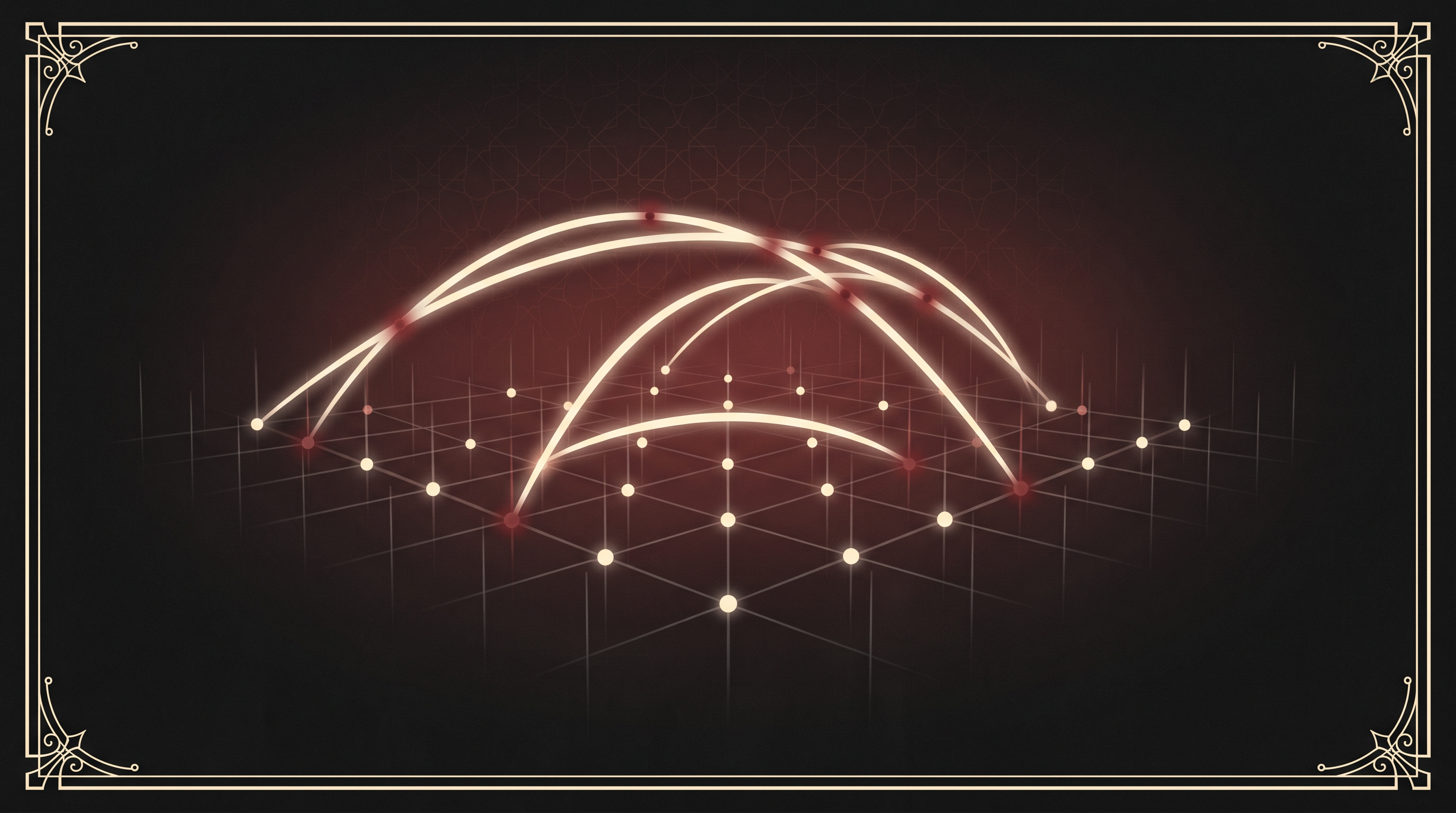A dark cathedral of fading coordinate pillars crossed by bone-white query arcs with blood-red inner-product pulses