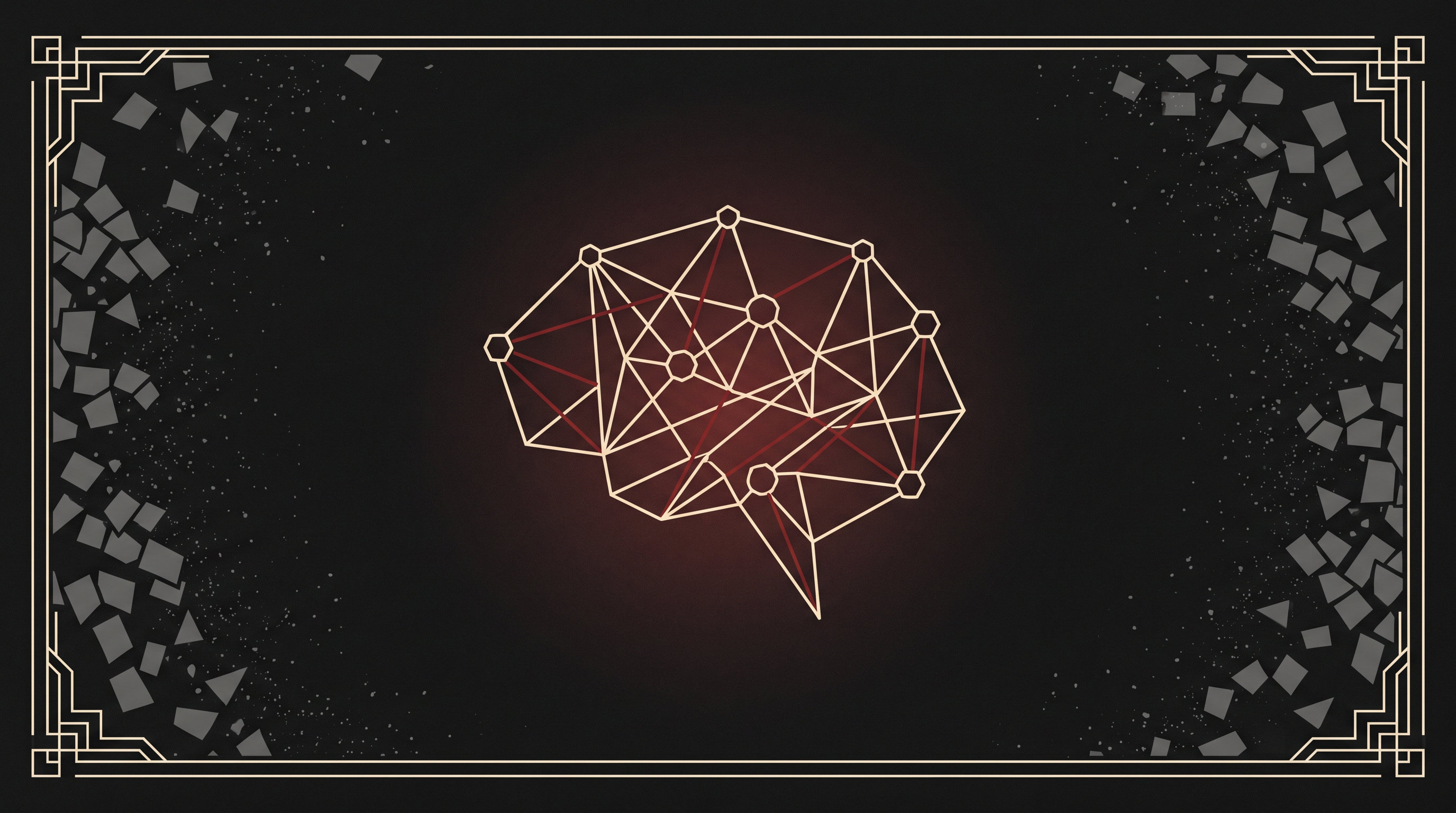 Fading tiles and coordinate dust dissolve into darkness while bone-white guide lines and blood-red seams remain suspended at the center
