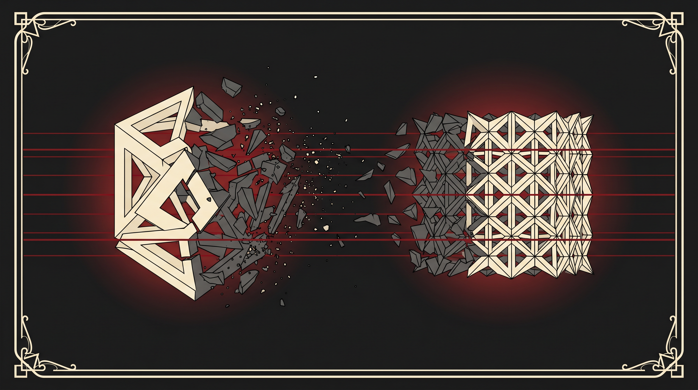 Left: a geometric form collapsing in the wrong basis, fragments falling like black glass. Right: the same form finding a clean compressed lattice aligned to bone-white axes, blood-red basis lines passing through both worlds